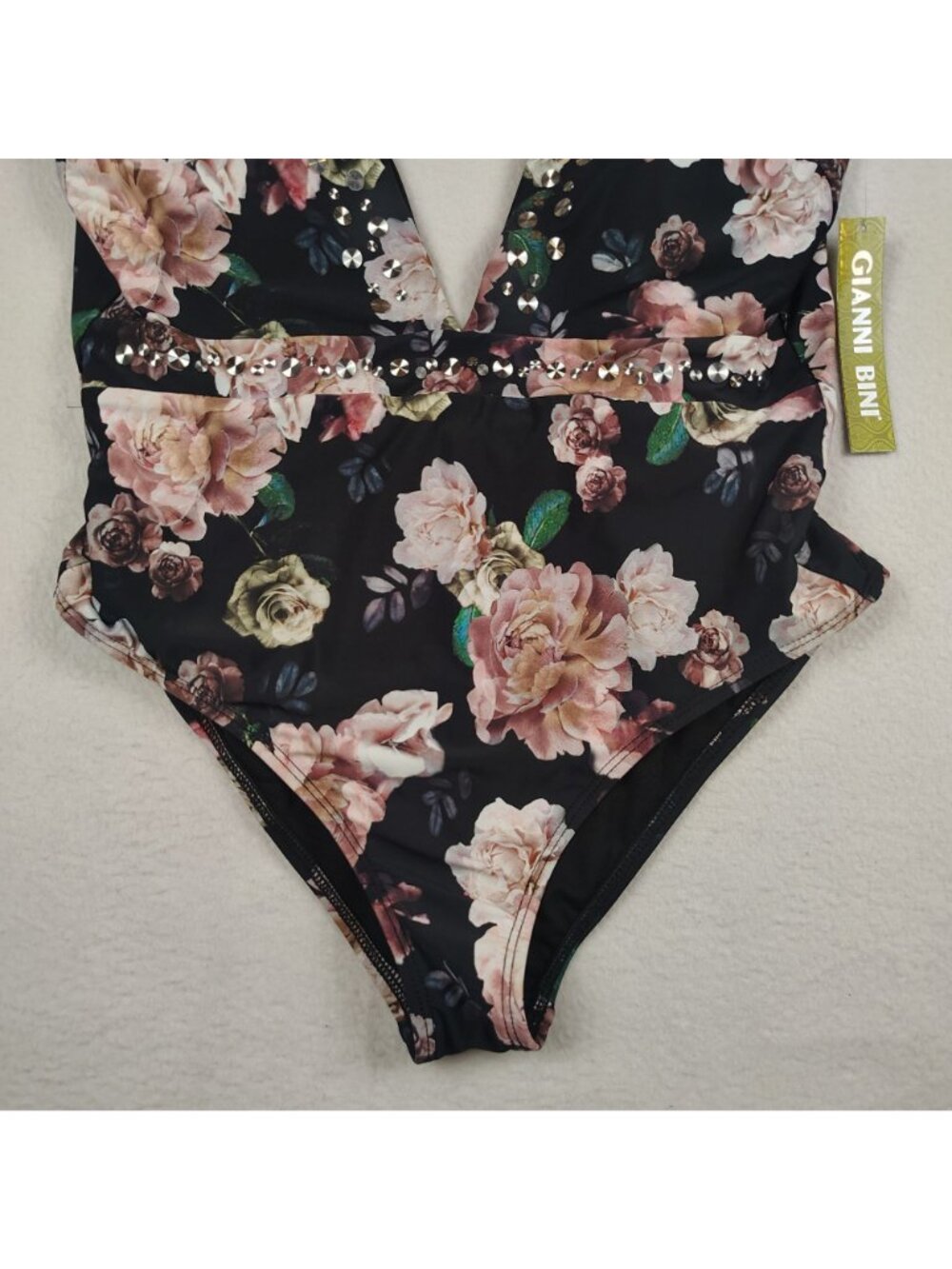 NEW Gianni Bini Plunge One-Piece Swimsuit Midnight Garden Floral Sz L - Picture 6 of 11